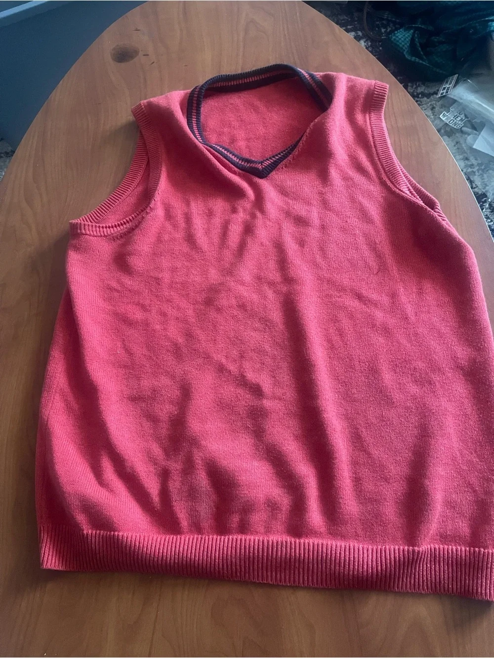 Sleeveless V-Neck Knit Sweater Vest in Raspberry with Contrast Trim